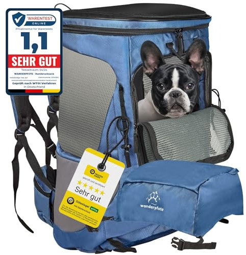Wanderpfote Zaino per Cani fino 12 kg – Taglia M, Modello Trekking, Colore Blu - con Sistema di Trasporto regolabile in Altezza e Spazio per Bagagli - Borsa per il Trasporto per Cani