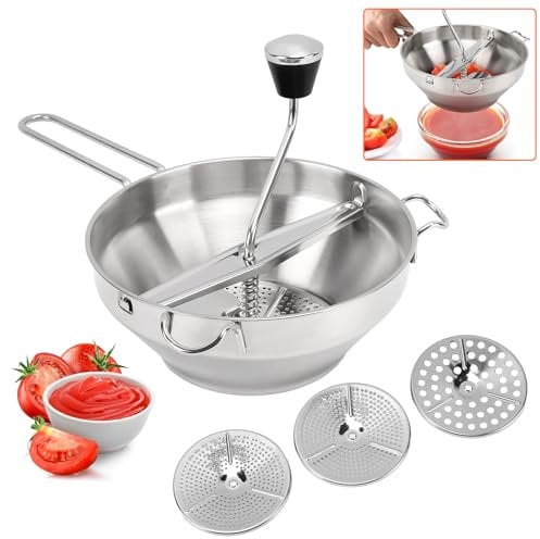 Moulin à aliments en acier inoxydable - Presse-purée avec 3 plaques de hachage interchangeables - Broyeur manuel - Moulin de cuisine pour mixer, tamiser les fruits