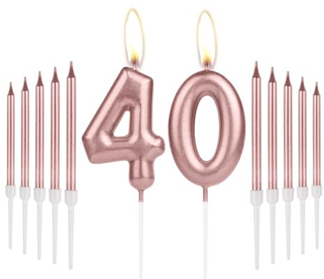 Girls 40th Birthday Decorations - Number 40 Rose Gold Long Candles, Cake Topper for Women's 40th Birthday & Wedding Anniversary Celebrations