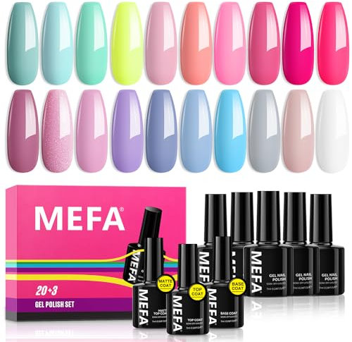 MEFA UV Nagellack Pastell Set 23 Pcs, 20+3 Sommer Makronen Gel Nagellack Uv Pink Nude Blau Glossy&Matte Top Base Coat UV LED Uv Lack, Gellack Uv für Maniküre Salon