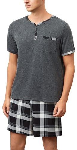 Pyjama Homme Été Coton Ensemble Hauts de Pyjama Tee Shirt Col V Boutons Manches Courtes Vêtements d'Intérieur Plaid Carreaux Vêtements de Nuit Grande Taille Confortable Gris Foncé+Carreaux XXL