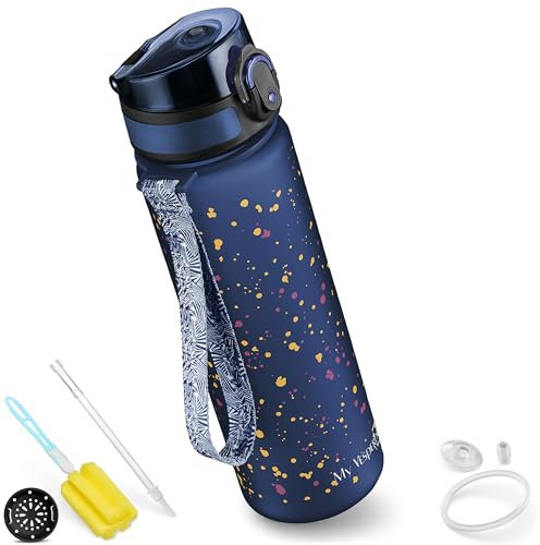 My Vesperbox Minny Klecks Botella para niños a prueba de fugas, 500 ml, con pajita o colador, sin bisfenol A, para guardería, escuela (azul, con manchas, 500 ml)