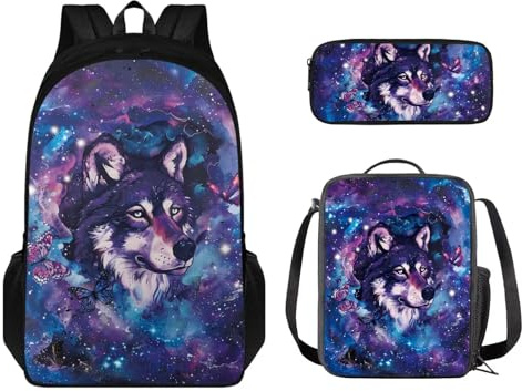 STUOARTE Set di 3 zaini per bambini, con borsa per il pranzo e matite, leggera borsa per libri per ragazzi e ragazze, Galaxy Wolf Butterfly - Viola e Blu, Taglia unica, Set di zaini per la scuola