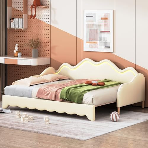 Zravenna Polsterbett Tagesbett Ausziehbett Gleiche Höhe 90(180) x190 cm, Bett Ausziehbar zum Doppelbett, Kinderbett Schlafsofa, Tragfähigkeit 120 kg (Beige)