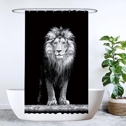 Ulticool Duschvorhang - Löwe Löwe Kopf Natur Tiere - 120 x 200 cm - waschbar - Anti Schimmel - mit 8 Ringen - Schwarz Weiß Grau