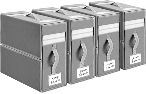 Homsorout Bed Sheet Organizers and Storage - Foldable Sheet Organizer with Window, Linen Bedding Storage with Label, XL Sheet Storage Organizer for Blanket, Duvet Covers, Pillow, Grey, 4 Pack