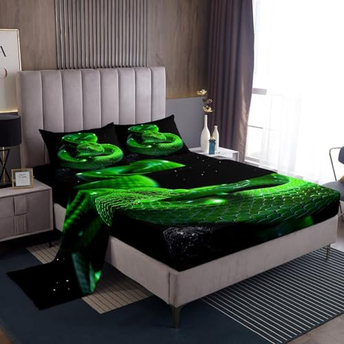 3D-Schlangen-Bettwäsche-Set für Doppelbett, exotisches Reptilien-Tier-Bettwäsche-Set, für Jungen und Herren, Zimmerdekoration, grüne Schlange, Dschungel, Wildtiere, rustikal, Natur, Grün, Schwarz,