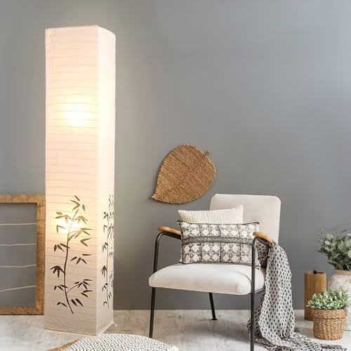 GUANSHAN Handgemachte Papier-Stehlampe mit Bambusdruck, nordischer Stil, Papier-Stehlampe, Nachttischlampe, Stehlampe, dekorative Stehleuchte für Schlafzimmer, Wohnzimmer