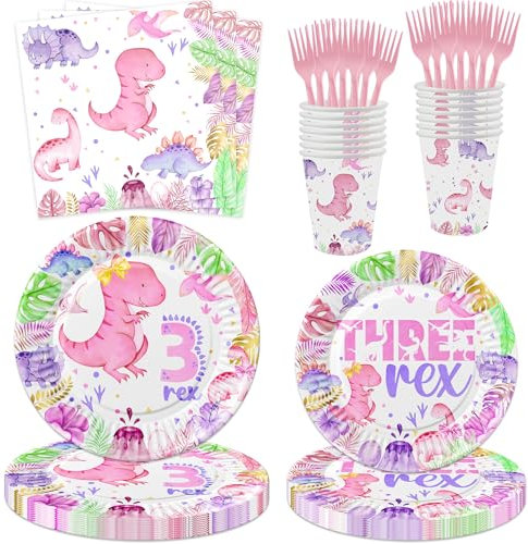 LetDec Pink Dinosaur 3rd Birthday Party Supplies - 100 Pcs - Plates, Cups, Napkins, Forks - T-Rex Theme - Girls 3 Years Old