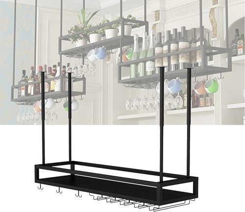 Botellero Vino Colgante Vinoteca Mueble Barra para Bar Garrafeira Mini Bar Wine Rack Mueble Comedor Cocina con Soporte Copas Colgante para Salon Bar Sala de Estar y Cocina(Nero,100cm/39.37in)