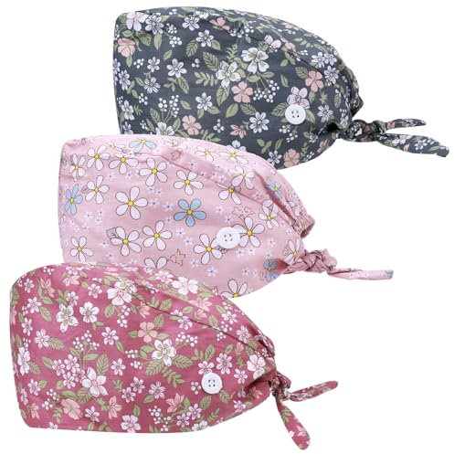 3 Stück Op Hauben Damen Verstellbare Op Haube Stoff Mit Knopf Baumwoll Schiebermütze Einfarbige Blumen Stil Arbeitskappe Schrubben Hut Op Mütze Arbeitsmütze Für Ärzten Krankenschwestern (2)