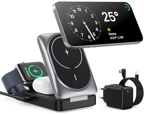 NKVND 3 in 1 Kabelloses Ladegerät, Induktive Ladestation Qi2 Wireless Charger, Mag-Safe Ladestation Faltbarer Magnetische Schnelles Ladeständer für iPhone 16/15/14/13/12 Apple Watch, AirPods