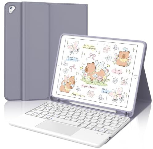IVEOPPE Teclado para iPad 6/5 generacion 9.7/Air 2/Air 1/Pro 9.7 con Touchpad, Funda Teclado Trackpad Español Ñ QWERTY Bluetooth Desmontable para iPad 2018, Púrpura Lavanda