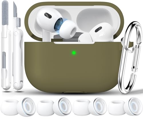 RFUNGUANGO Custodia in silicone per AirPods Pro con auricolari, verde oliva | Compatibile con AirPods Pro 2a/1a generazione con kit di pulizia e portachiavi, compatibile con ricarica wireless