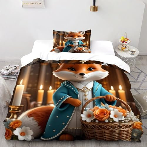 SHOVERKD Fox King Bettwäsche-Sets 2 Teilig Für Jungen Und Mädchen 3D-Digitaldruck Süße Tiere Weiche Mikrofaser Mit Reißverschluss Und Kissenbezug Single（135x200cm）
