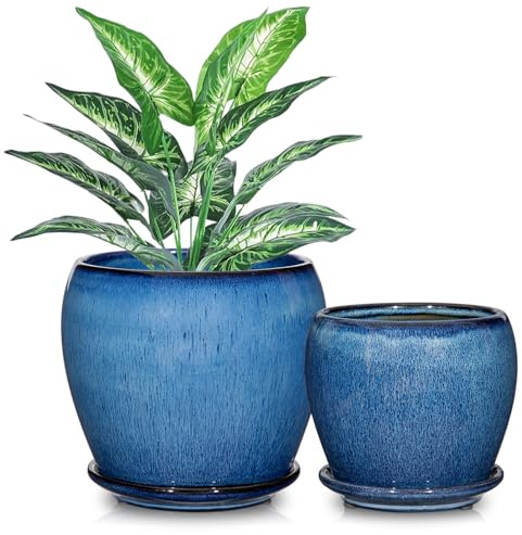 Oairse Set of 2 Blue Ceramic Plant Pots 13.5CM 10.5CM Indoor Ceramic Planter with Drainage Holes & Saucers Decorative Flower Pots for Indoor Outdoor Plants Succulent Cactus House Plants