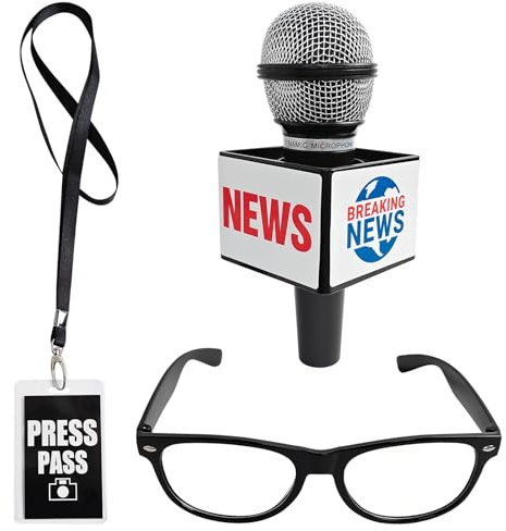 GYGYL Adult Journalist News Reporter Costume Accessories Set, Press Pass Microphone Prop Costume Glasses for Career Day Party, Black, One size