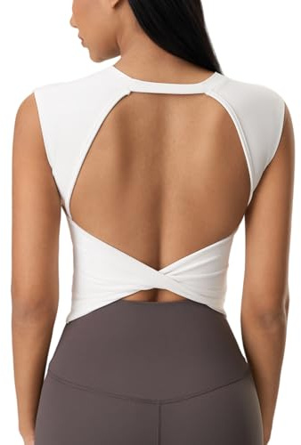 Damen Sport Top rückenfrei: Ärmellos Crop Top Twist zurück mit Halb-Feste Cups - Sexy Sommer Shirt für Yoga Fitness Gym