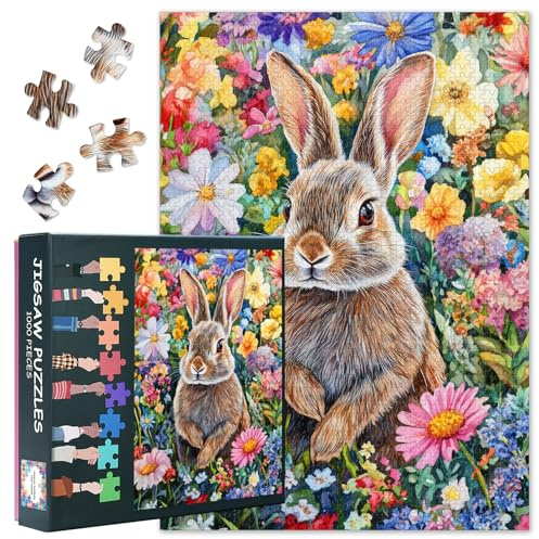 Puzzle für Erwachsene 1000 Teile - Einsames Kaninchen in Einer blühenden Wildblumenwiese, Puzzle für Erwachsene, 50x70cm