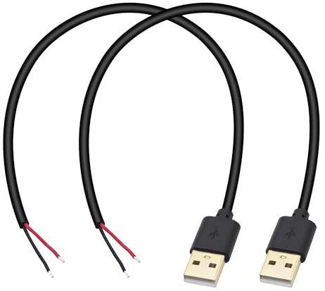 Xilaghy USB 2 Wire Pigtail Cable 1Ft 5V 5A Gold-Plated USB 2.0 A Male Plug to 2 Pin Bare Wire Open End Power Repair Cable for LED Strips,Desk Lamp,Black,2 Pack(0.3M)