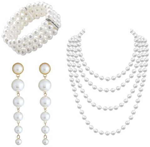 3 Stück Perlen Schmuck Set,Perlen Set mit Langen Kunststoffperlen Ohrringen,3 Reihiges Stretch Perlenarmband,20er Jahre perlenketten,1920er Accessoires Perlenkette Damen Lang für Party Abschlussball
