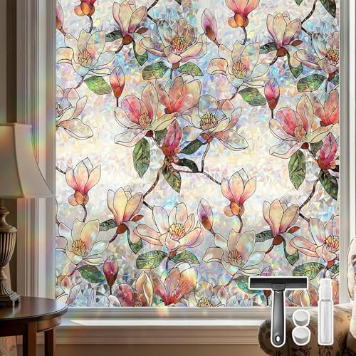 Qualsen Privacy Film for Glass Windows Stained Glass Window Film, 90x400cm | Magnolia Flower Patterned Window Films with Tools, Rainbow Decorative Effect, Static Cling Anti UV, for Home Bedroom Office