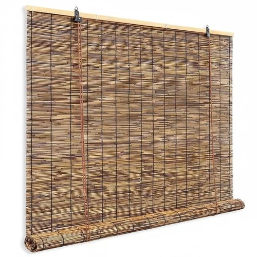 Sichtschutz Rollo Außen & Bambusrollo, 80 90 100 120 140 cm Breit, Balkon Sichtschutz Wetterfest, Natur Schilf Vorhang mit Lifter, Bambus Fenster Tür(W150cm x H215cm)