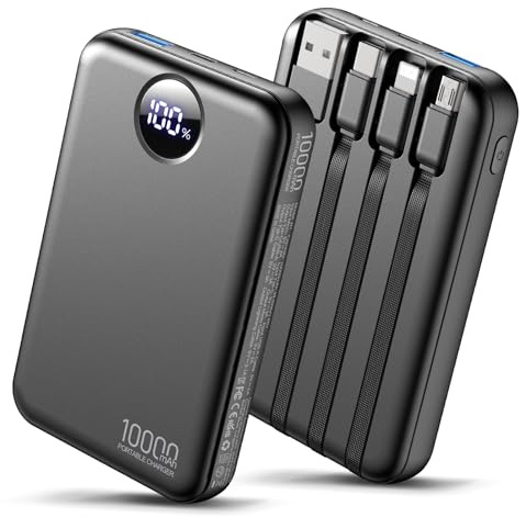 Portable Charger 10000mAh Power Bank, Built-in 4 Cables & 6-Device Charging,Fast Charging with LCD Display,USB-C In/Out, Compatible with iPhone 17/16/15/14 for Travel Camping Essentials-Black