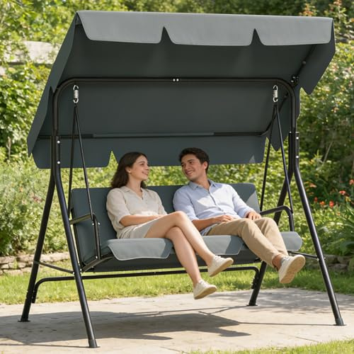 Suusolny 3-Sitzer Hollywoodschaukel, Wetterfeste Gartenschaukel mit Sonnendach & Sitzauflage, Stabil Stahlgestell, UV-Schutz, bis 200 kg Belastbar, Garten-Schaukelbank 176x110x152cm, Anthrazit