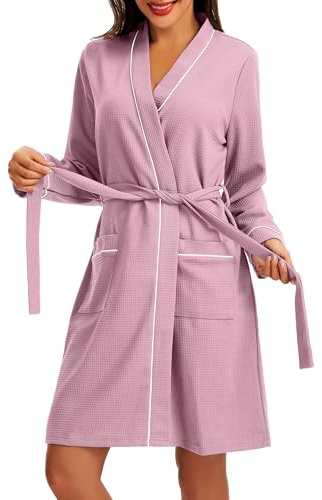 Lovasy Peignoir de Bain Femme Coton Robe de Chambre en Tricot Gaufré à Manches Longues Kimono Doux et Confortable Longueur du Genou Loungewear Col V avec Ceinture