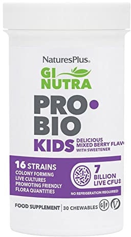 NaturesPlus GI NUTRA Pro Bio Kids - 16 Live Strains, 7 Billion Probiotics for Children with Prebiotics Fibre Complex - L Acidophilus, B. Longum - Vegan, Gluten Free - 30 Chewable Tablets