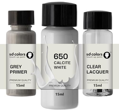 SD COLORS Peinture de retouche blanche Calcite 650-15 ML - Pour réparer les rayures - Code couleur 650 - Blanc calcite (peinture + vernis + apprêt)