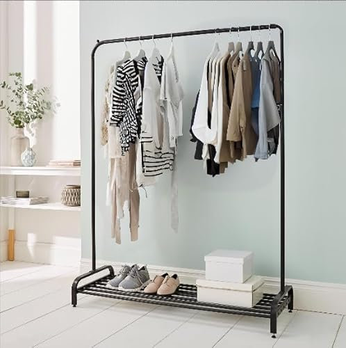 House of Home Heavy Duty Metal Clothes Rail with Shoe Rack - 1 Tier Single Rail Wardrobe Replacement - Clothes Storage & Shoe Storage for Shirts, Coats, Jackets & Shoes - Black