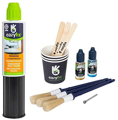 EAZYFIX® - Premium Holzspachtelmasse Reparaturset - Holzfäule Standardset, Spachtelmasse - 1x Holzspachtelmasse, 1x Holzimprägnierung, 1x Holzfäule Fräser, 3x Mischbechers, Einwegpinsel und Holzstabs