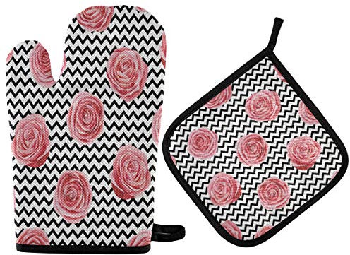 TropicalLife Hajie Manique Géométrique Zig Zag Fleur Rose Manique Résistant à la Chaleur avec Boucle de Suspension pour Homme Femme Cuisson Barbecue
