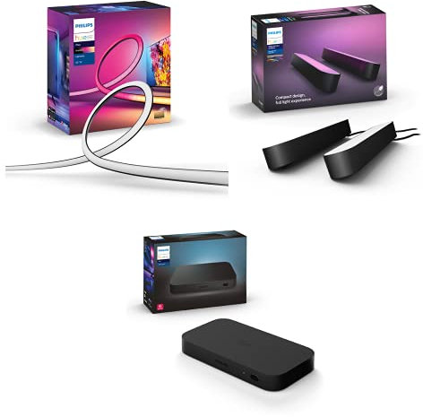 Philips Hue Gradient Lightstrip (for 55 Inch TV), HDMI Sync Box, and Hue Play Twin Pack [Black] Bundle. White and Colour Ambiance LED Smart Entertainment Lighting. Home, Indoor, Living Room and Lounge
