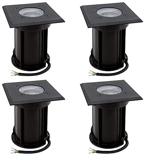 linovum 4 Stück BOQU Bodenspots schwarz IP67 mit LED GU10 5W warmweiss 230V - 4x Bodeneinbauleuchten quadratisch mit Kabel