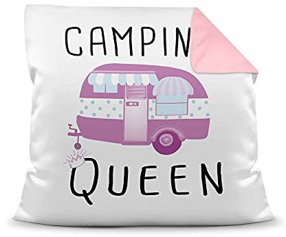 PR Print Royal Kissen mit Füllung - Camping Queen - Geschenk für Camper, Campingkissen, Geburtstagsgeschenk - Farbkissen Rückseite Rosa, 40x40 cm