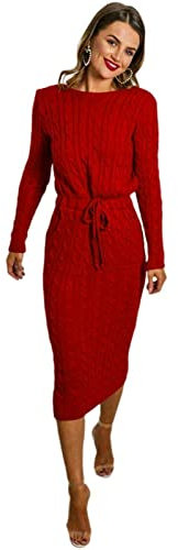 Candid Styles Women's Cable Knitted Jumper Ladies Long Sleeve Tie Up Maxi Midi Fancy Dress (Red # One Size