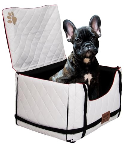 Golden Dog - Transportbox Hund mit Sicherheitsgurt M-52x44x33 cm - Leder Imitation Autositz Hund, Wasserdicht Hundesitz Auto - Beifahrersitz Hundebox Faltbar - Anschnallgurt Hundekorb Auto, Weiß