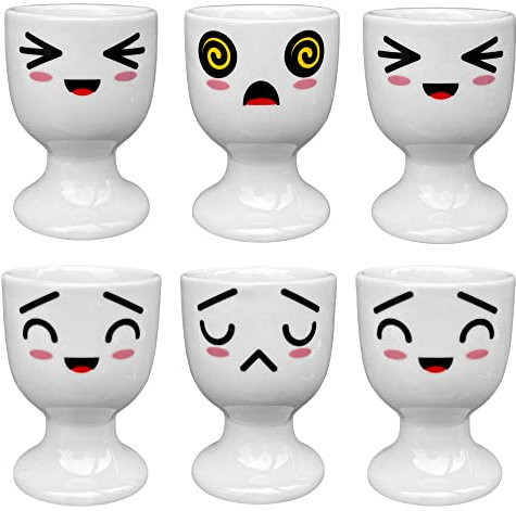 MIJOMA Lot de 6 coquetiers porte-œufs blancs avec décoration de visages #2 en porcelaine 6,5 x 5 cm