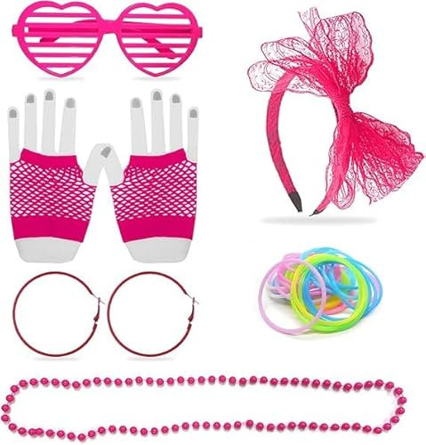 15 Ensemble de maquillage d'accessoires des années 80, accessoires cheveux dentelle, colliers fluo, boucles d'oreilles vintage, gants en résille, bracelets en silicone, lunettes en forme cœur