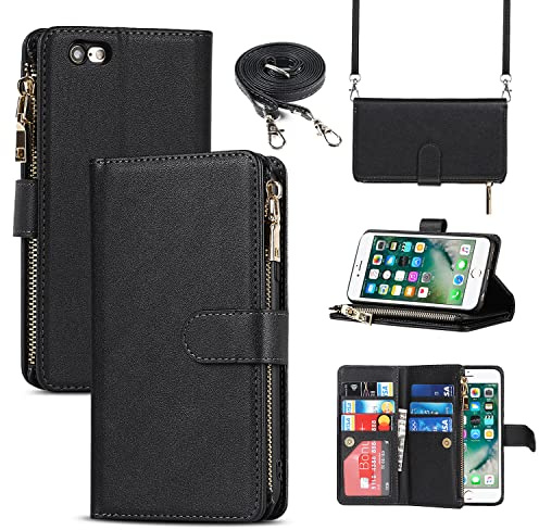 Cavor Crossbody iPhone 6 Plus/6S Plus Case With Card Holder With Strap,Flip Leather Wallet Case,[9 Card Holder] Zipper Detachable Lanyard Phone Case Cover for Women - Black