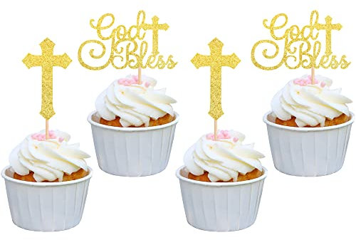 Xsstarmi 24 PCS God Bless and Cross Cupcake Toppers Glitter Baptism Cross Cupcake Picks for God Christian Baptism Theme Birthday Party Cake Decorations Supplies Gold