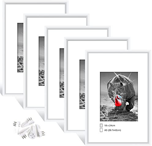 Dmyifan 5er Set Weiß Fotorahmen, Bilderrahmen DIN A3(29,7 x 42cm), Plexi-Glas Portraitrahmen Mit Nahtloser Haken, Wohnzimmer zum Stellen und Hängen, Dekorahmen für Fotos Portrait Jubiläum