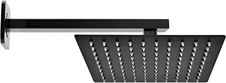 Soffione doccia con braccio a parete nero opaco, acciaio INOX, anticalcare (25x25 cm, Quadrato)