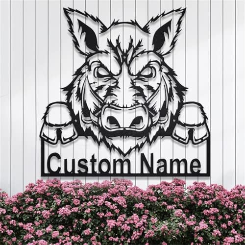 Riaeelvs Personalisiertes Metallschild mit Feral-Schweine-Kopf, personalisierbar, personalisierbar mit Wildschwein-Jagd, Monogramm-Schilder für draußen