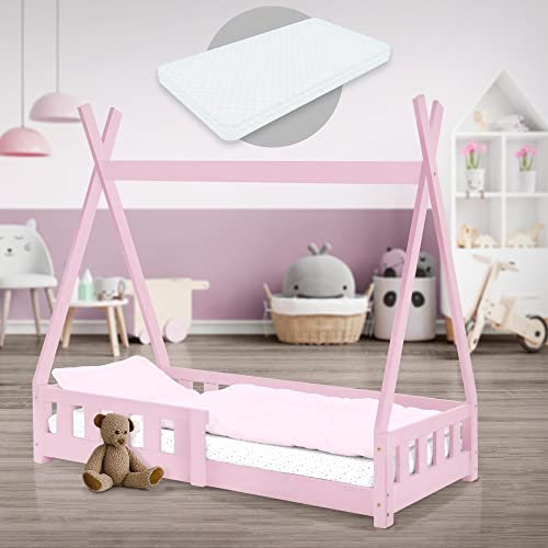 ML-Design Kinderbett Tipi 70x140 cm Rosa mit Matratze, Rausfallschutz und Lattenrost, aus Kiefernholz, Indianer Bett für Mädchen & Jungen, Hausbett mit Zaun, Bodenbett Jugendbett Spielbett Holzbett