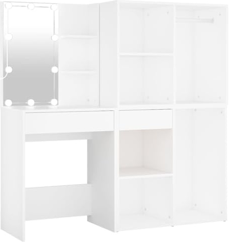 vidaXL LED Schminktisch, Kosmetiktisch mit 2 Schränken Spiegel, Frisiertisch für Schlafzimmer, Schminkkommode Frisierkommode, Weiß Holzwerkstoff