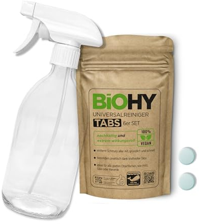 BiOHY Universalreiniger Putzmittel Tabs (6er-Set) + Glas Sprühflasche | nachhaltige Allzweck-Tabletten zum Auflösen | Haushaltsreiniger | mikroplastikfrei | Küchen-, Bad- & Glasreiniger